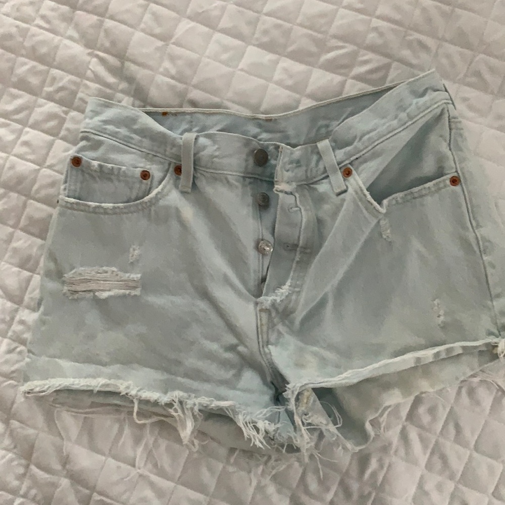 Levi light wash distressed denim jean shorts